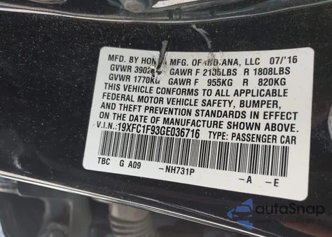 2016 Honda Civic Touring z USA, uszkodzony, nr VIN 19XFC1F93GE036716